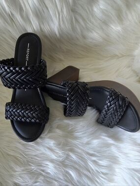Report Black Vegan Leather Braided Double-Band Block Heel Sandals Size 7 1/2
